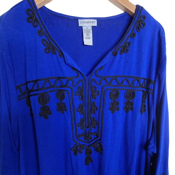 Catherine's Women’s Plus SZ 3X Blue Tunic Top Long Sleeve Black Embroidery - Picture 2 of 7